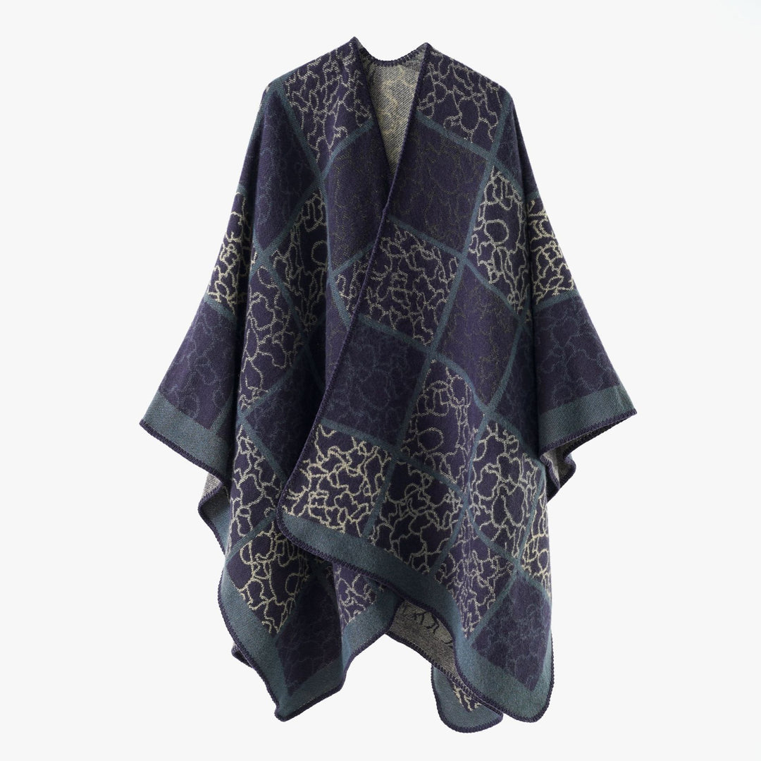 Damen Cape‑Überwurf aus Wollmix mit grafischem Karo‑Jacquard und offener Kimono‑Silhouette Shop Nory