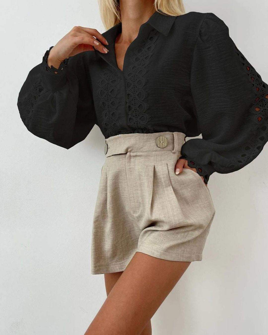Damen Gestickte Leinenbluse mit Lochspitze, Ballonärmeln und Hemdkragen Shop Nory