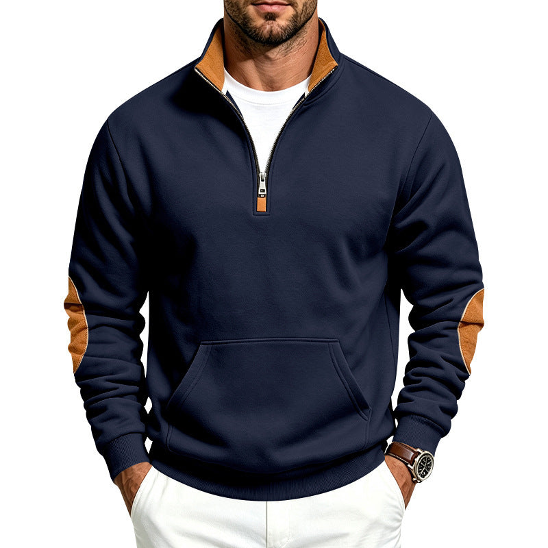 Herren Troyer-Pullover mit halbem Reißverschluss, Kängurutasche und Ellbogen-Patches Shop Nory