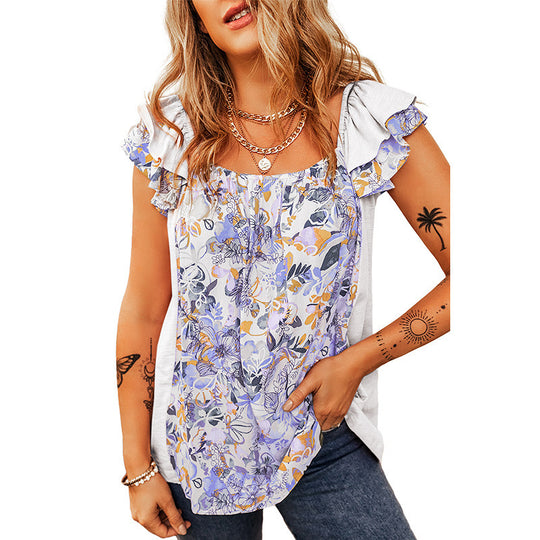 Damen Ärmelloses Blumen-Print Top mit Rüschenschultern und lockerem Fall Shop Nory