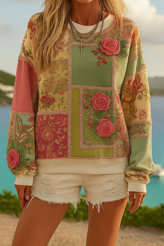 Damen Gemustertes Oversize-Sweatshirt mit dreidimensionalen Rosenapplikationen und Rippbündchen Shop Nory