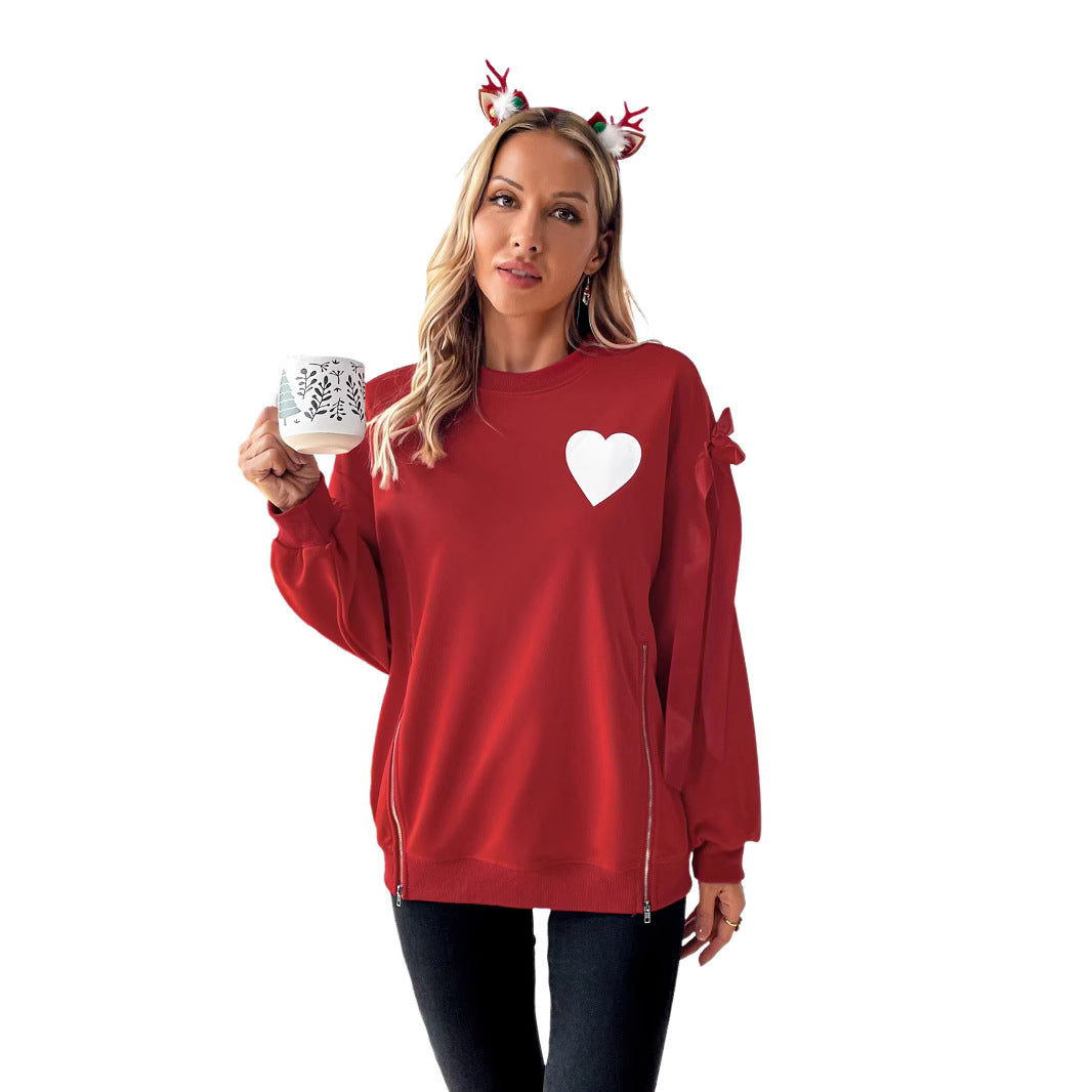 Damen Weihnachtlicher Sweatshirtpullover mit Herzapplikation und Seitenschleifen Shop Nory