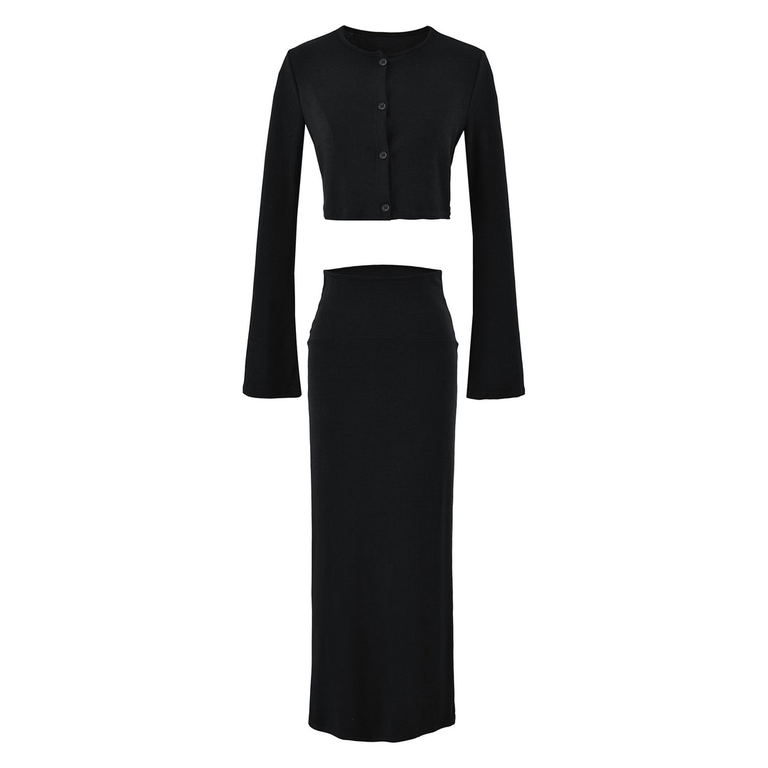 Damen Kurzgeschnittenes Set aus Feinstrick mit Knopfcardigan und figurbetontem Maxirock Shop Nory