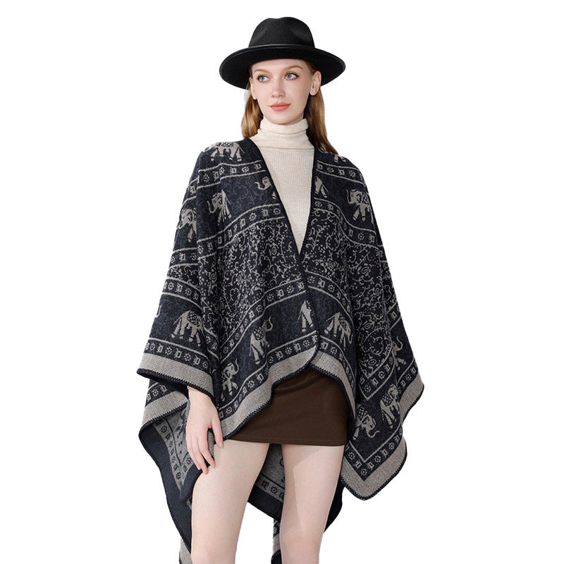 Damen Capeponcho im Wickelstil mit ornamentaler Jacquardstruktur und offenem Kimono-Fall Shop Nory