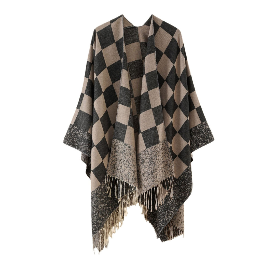 Damen Oversized gewebter Poncho mit Rautenmuster und Fransen Shop Nory