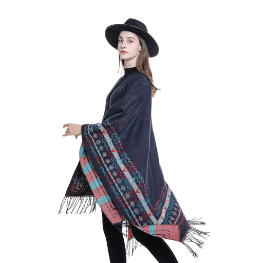 Damen Wollmix-Kimono-Poncho mit Norwegerbordüre und Fransen Shop Nory