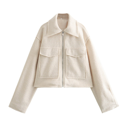 Damen Kurze Bouclé‑Jacke im Boxy‑Cut mit Reißverschluss und Pattentaschen Shop Nory