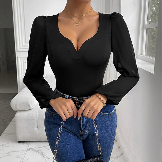 Damen Figurbetonter Body mit Herzausschnitt, Puffärmeln und transparenten Chiffon‑Ärmeln Shop Nory