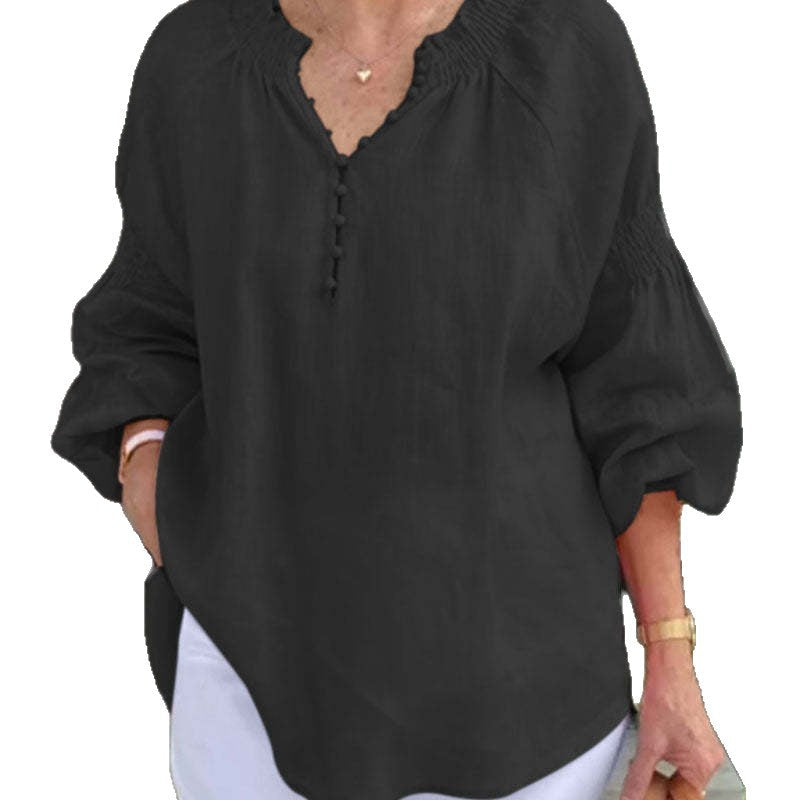 Damen lässige Kleidungsbluse mit Ballonärmeln und Knopfleiste