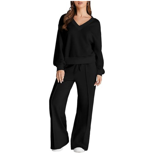 Damen Lässiges V-Ausschnitt Freizeit-Set mit weiter Jogginghose Shop Nory