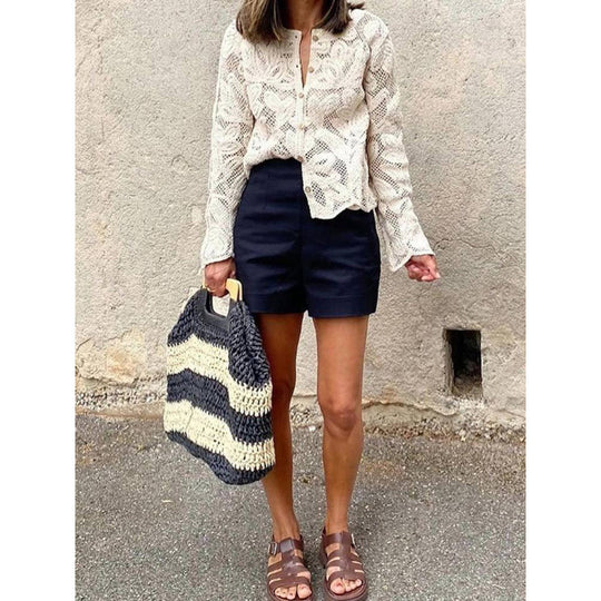 Damen Häkel-Cardigan mit Blumen‑Ajourmuster, Knopfleiste & gewelltem Saum Shop Nory
