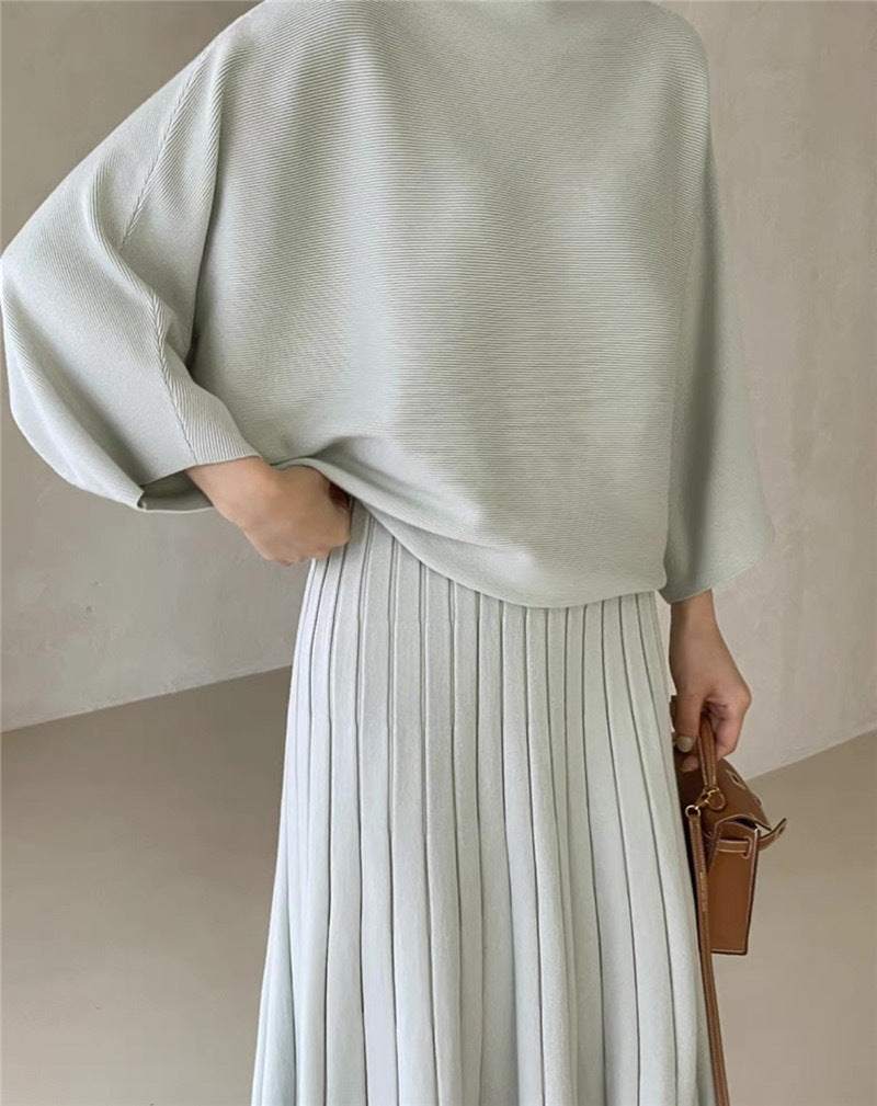 Damen Feines Strick-Set aus Viskosemix mit Oversize-Pullover und plissiertem Maxi-Rock Shop Nory