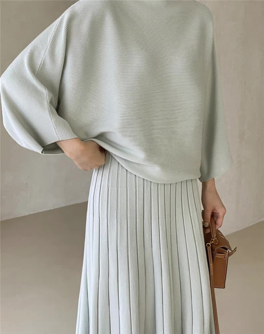 Damen Feines Strick-Set aus Viskosemix mit Oversize-Pullover und plissiertem Maxi-Rock Shop Nory