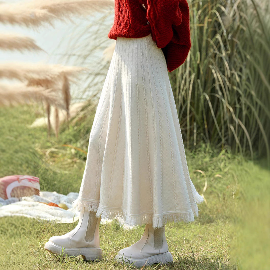 Damen Langer Plissee-Rock mit Fransen Shop Nory