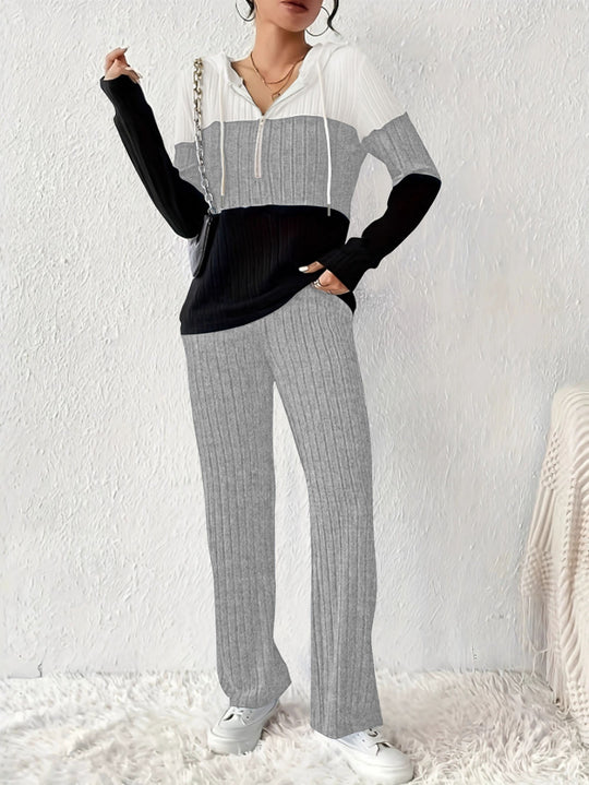 Damen Gerippter Lounge-Zweiteiler mit Kapuzen‑Halbzip und ausgestellter Palazzohose Shop Nory