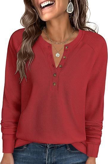 Damen Waffelstrick-Henley-Longsleeve mit Knopfleiste, Raglanärmeln und gerippten Bündchen Shop Nory