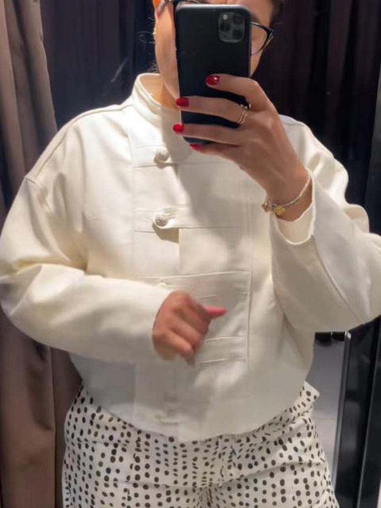 Damen Cropped-Boxy-Jacke mit chinesischem Stehkragen und Zierknopfleiste Shop Nory
