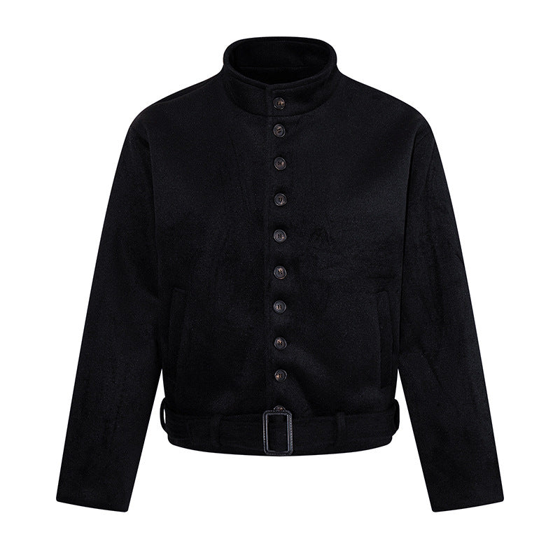Herren Kurze Wollmix‑Jacke mit Stehkragen, durchgehender Knopfleiste und Taillengürtel Shop Nory