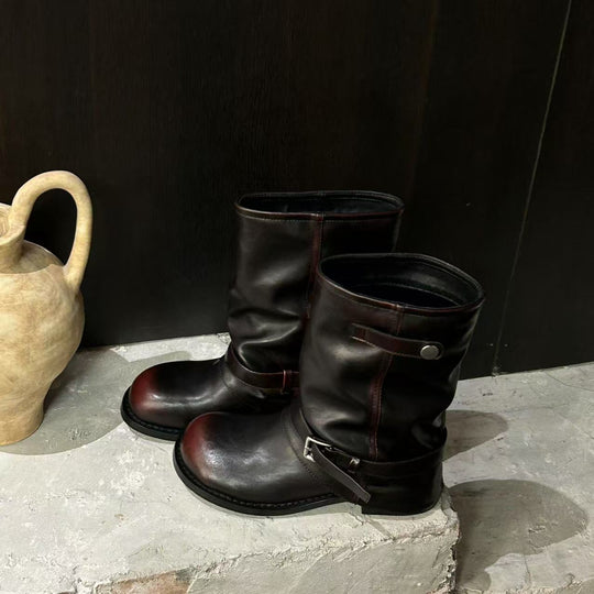 Damen Lederstiefel mit modischen Schnallenverzierungen Shopnory