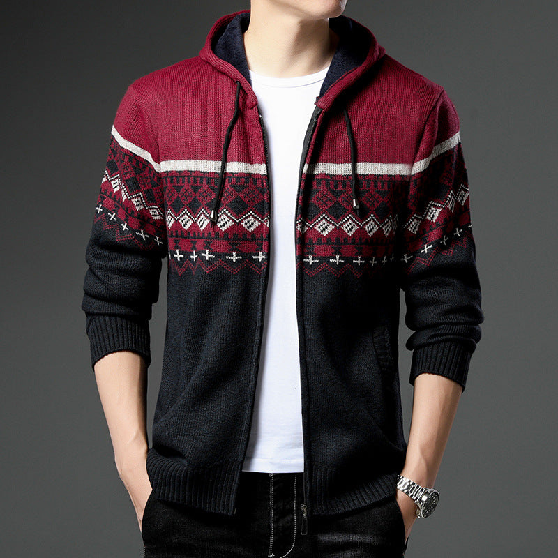 Herren Strick-Zip-Hoodie mit Norwegermuster, Kapuze und Eingrifftaschen Shop Nory