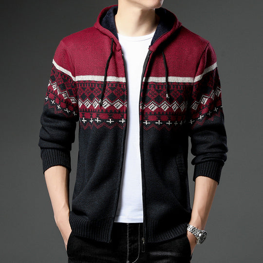 Herren Strick-Zip-Hoodie mit Norwegermuster, Kapuze und Eingrifftaschen Shop Nory