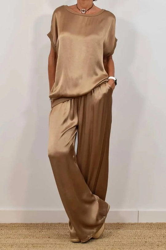 Damen Elegantes Satin Lounge-Set mit weitem Schnitt und lässigem Oberteil
