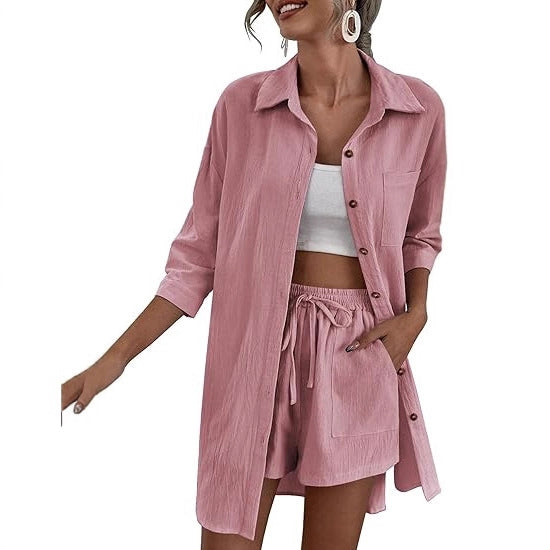 Damen Leichtes Longline-Hemdjacken-Set mit elastischer High-Waist-Shorts Shop Nory