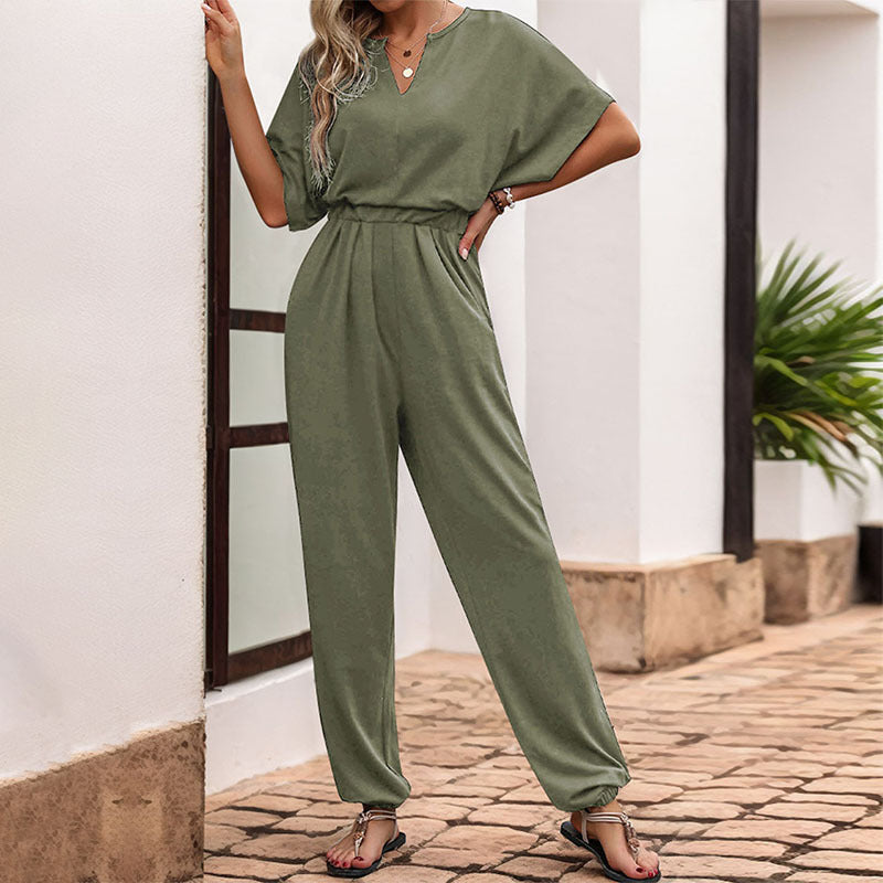 Damen Lässiger Jumpsuit mit Taillen-Smock, kurzem Fledermausärmel und elastischem Knöchelabschluss Shop Nory