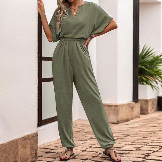 Damen Lässiger Jumpsuit mit Taillen-Smock, kurzem Fledermausärmel und elastischem Knöchelabschluss Shop Nory