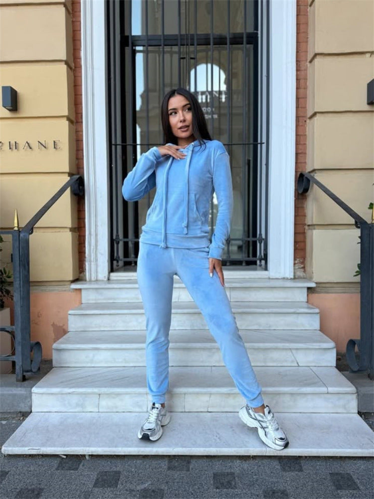 Damen weiches Velours-Lounge-Set mit Kapuzenpullover und tapered Jogginghose Shop Nory