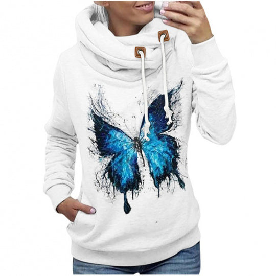 Damen Kapuzenpullover mit hohem Schlauchkragen, Kängurutasche und Schmetterlingsprint Shop Nory