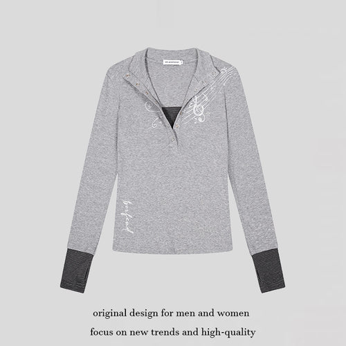 Damen Langarmshirt mit Henley-Knopfleiste, Kontrastbündchen und Notenprint Shop Nory