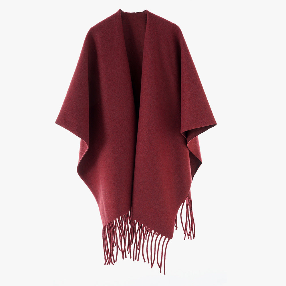 Damen Minimalistischer Wollcape-Überwurf mit Fransensaum und offenem Fall Shop Nory