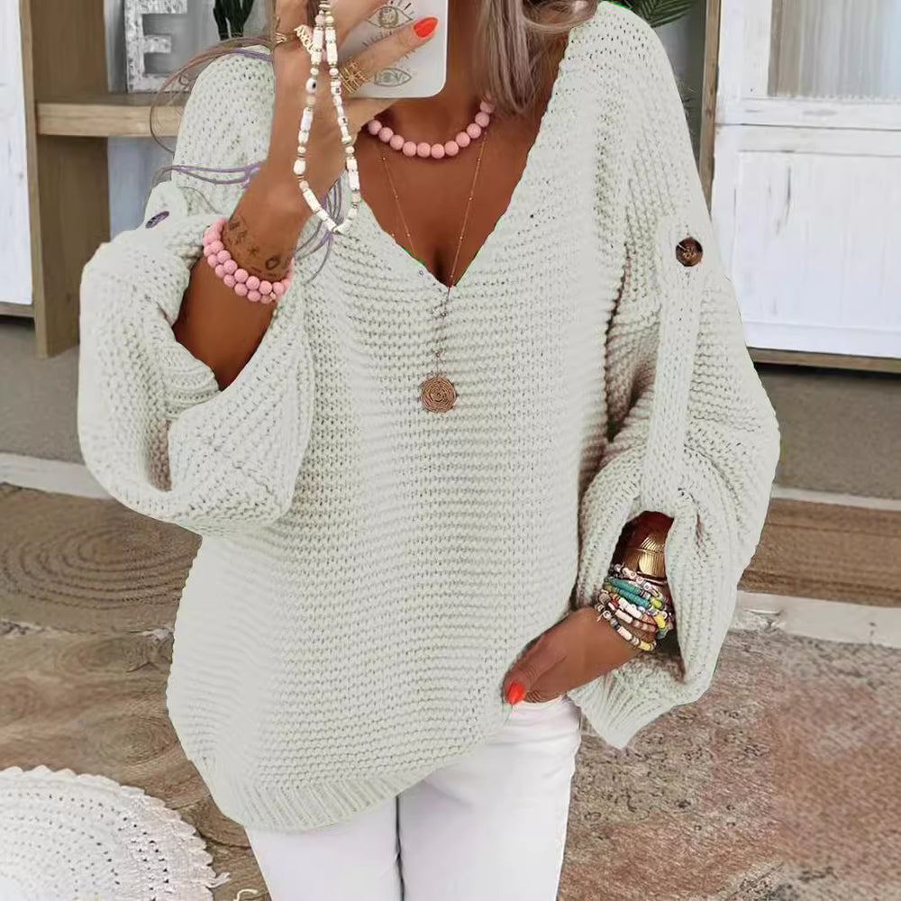 Damen weiter Strickpullover mit V-Ausschnitt, Ballonärmeln und Knopfdetail Shop Nory