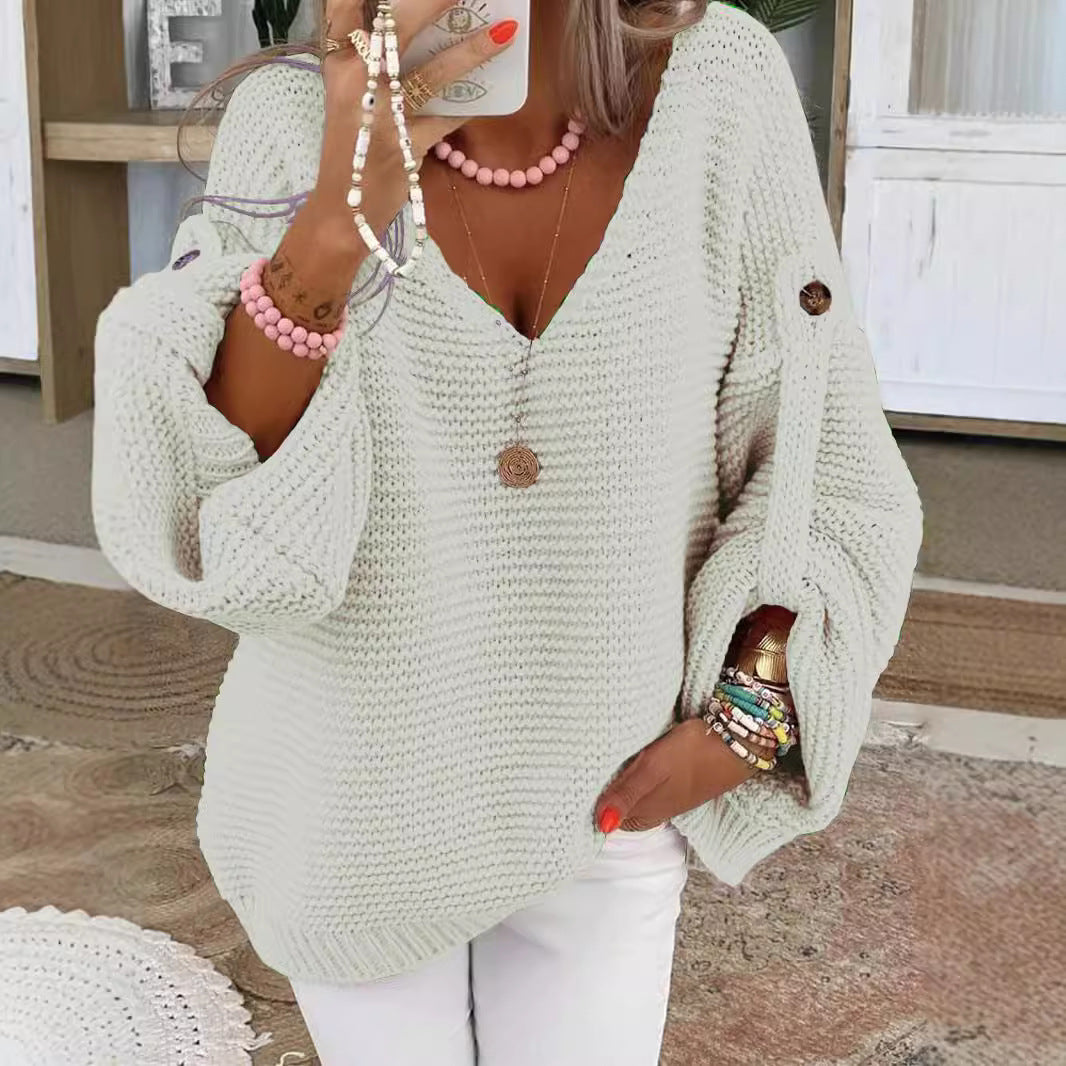 Damen weiter Strickpullover mit V-Ausschnitt, Ballonärmeln und Knopfdetail Shop Nory