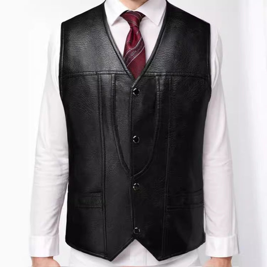 Herren Ärmellose Taillierte Lederweste mit V‑Ausschnitt, Ziernähten und Knopfleiste Shop Nory