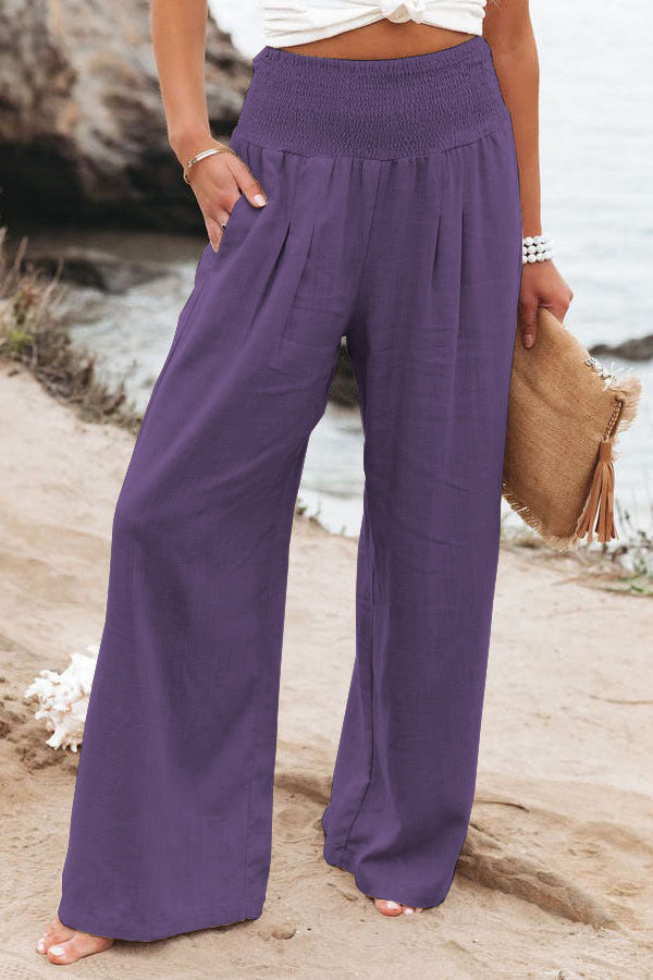 Damen weite Leinenhose mit elastischem Bund und Falten