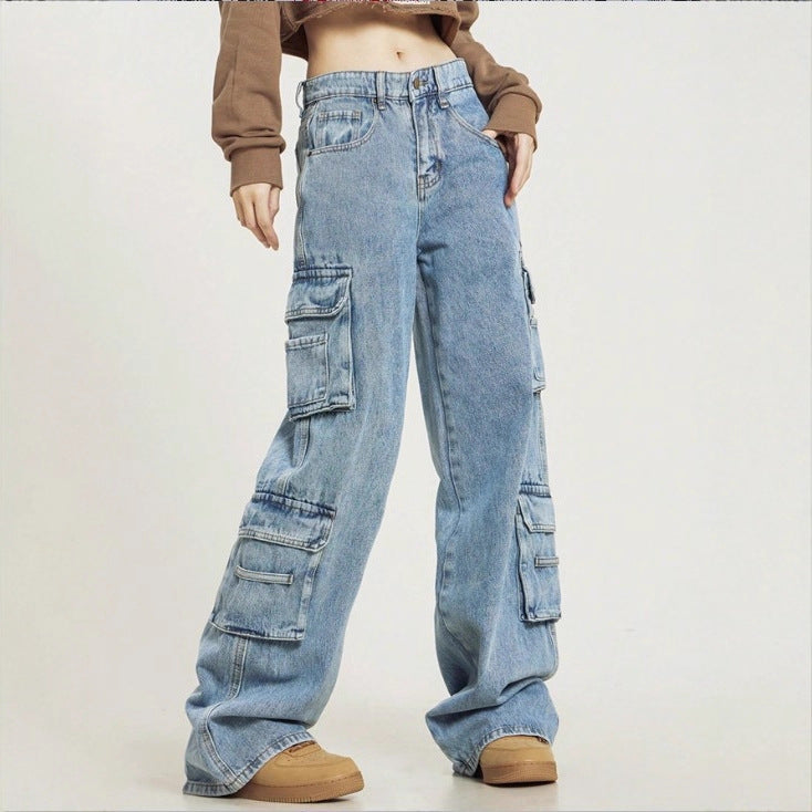 Damen Hochgeschnittene Baggy-Cargo-Jeans mit Mehrfach‑Utility‑Taschen Shop Nory