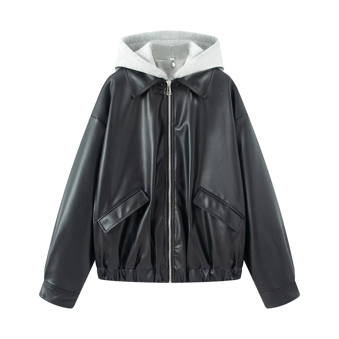 Damen Oversize Kunstleder-Blouson mit Kapuzen-Einsatz und aufgesetzten Pattentaschen Shop Nory