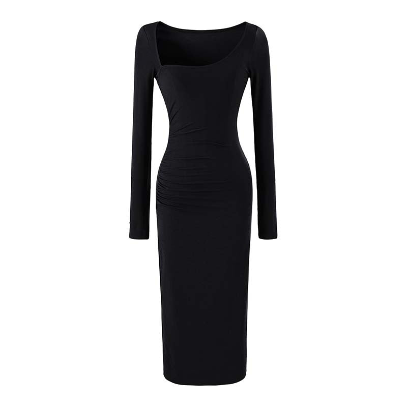 Damen Figurbetontes Midikleid mit tiefem Rundhalsausschnitt, langen Ärmeln und seitlicher Raffung Shop Nory