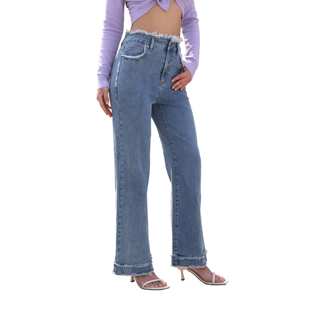 Damen Hochtaillierte Denim-Hose mit ausgefranstem Bund und weitem Bein Shop Nory