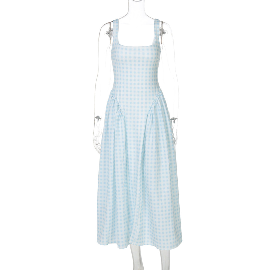 Damen Sommerliches Maxikleid mit Karo-Design und seitlichen Raffungselementen