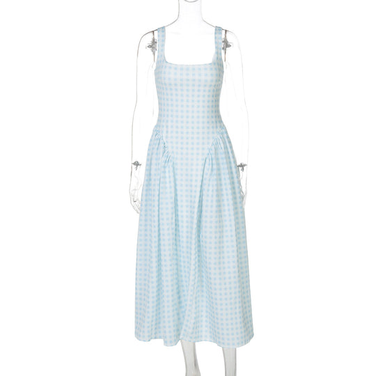 Damen Sommerliches Maxikleid mit Karo-Design und seitlichen Raffungselementen