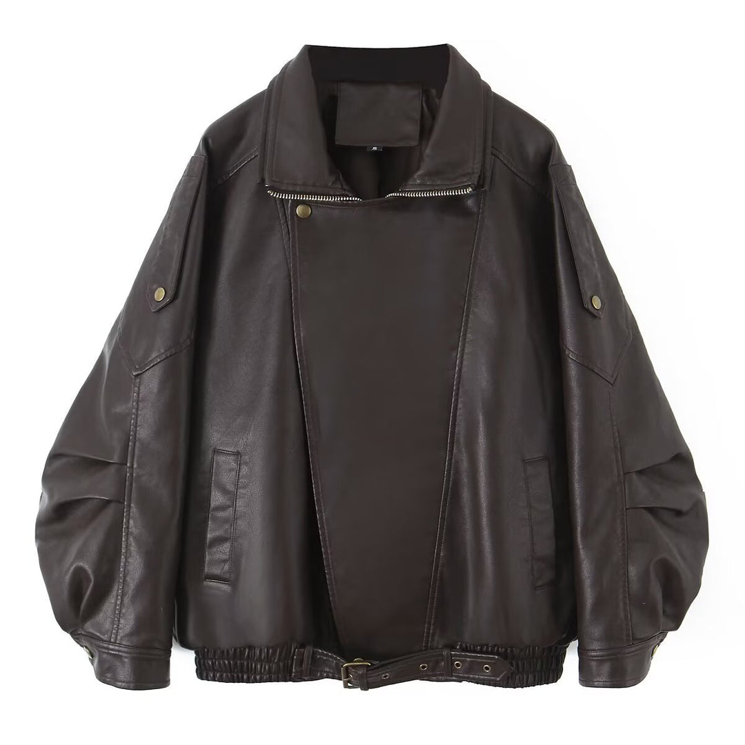 Damen Oversize-Lederimitat-Bomberjacke mit asymmetrischem Reißverschluss und Taillenband Shop Nory