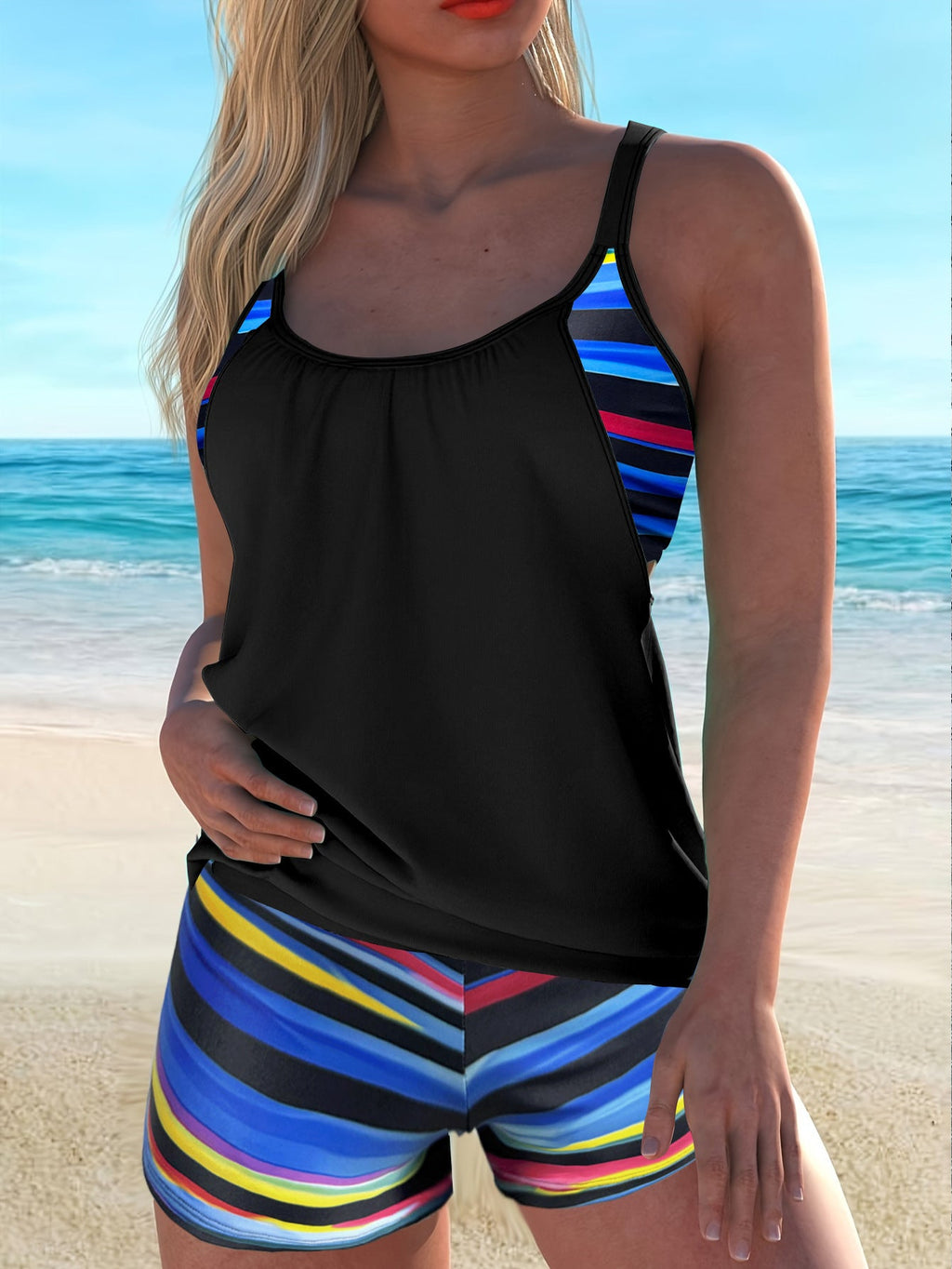 Damen Sportliches Tankini-Set mit modischem Streifenmuster Shopnory