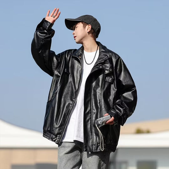 Herren Oversized Kunstlederjacke im Bomberstil mit Stehkragen und elastischem Saum Shop Nory