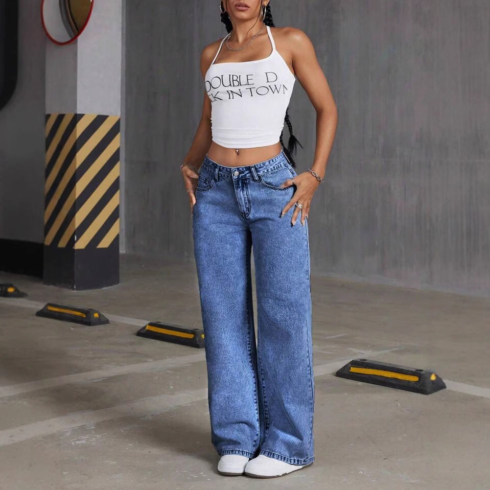 Damen Weit geschnittene Jeans mit kräftigen Kontrastnähten und verspielt gestickten Taschen