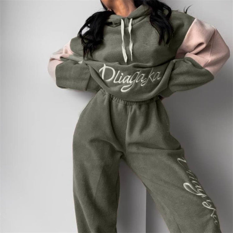Damen kuscheliges Hoodie-Set mit kontrastärmel, elastischer High-Waist-Jogginghose und überschnittener Kapuze Shop Nory