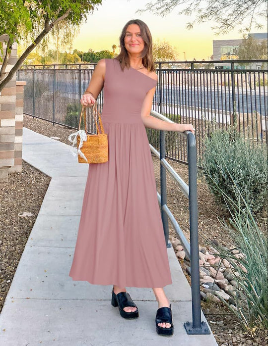 Damen Asymmetrisches Maxikleid mit One-Shoulder, Taillenbetonung und Seitentaschen Shop Nory