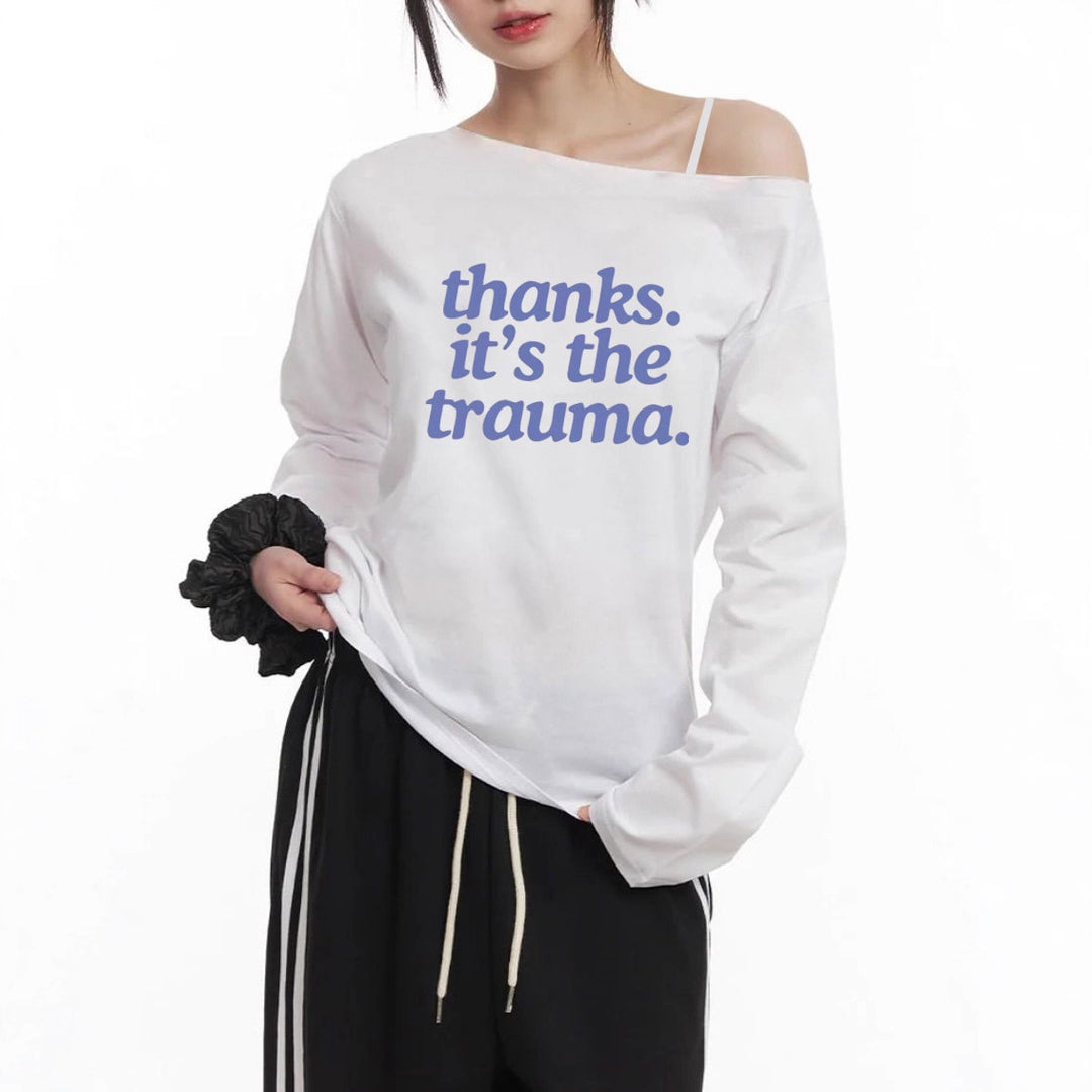 Damen nan Off-Shoulder Langarm-Cropshirt mit Statement-Print, asymmetrischem Ausschnitt und lockerem Oversize-Schnitt Shop Nory